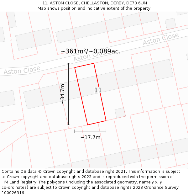 11, ASTON CLOSE, CHELLASTON, DERBY, DE73 6UN: Plot and title map