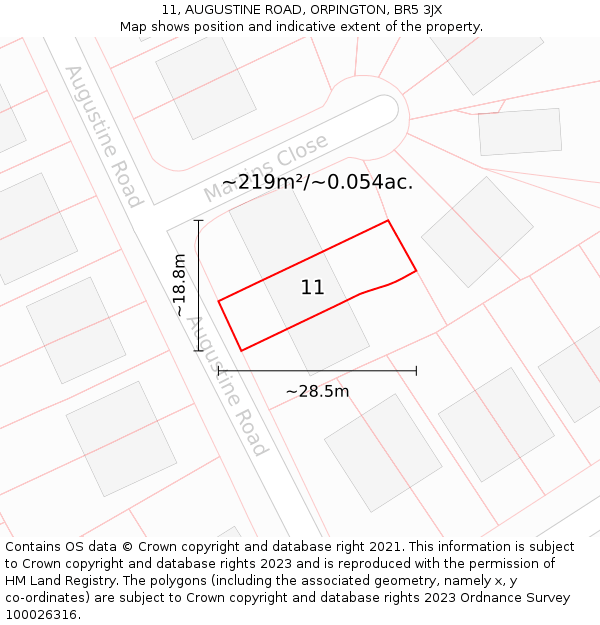11, AUGUSTINE ROAD, ORPINGTON, BR5 3JX: Plot and title map