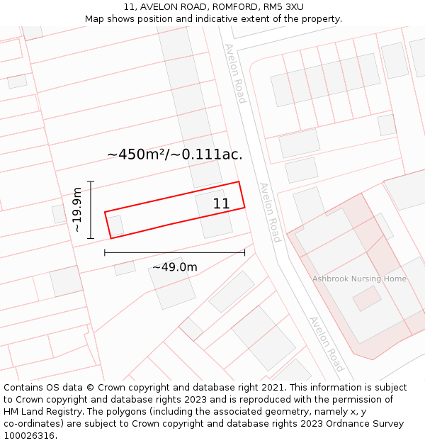 11, AVELON ROAD, ROMFORD, RM5 3XU: Plot and title map