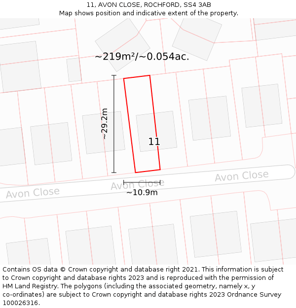 11, AVON CLOSE, ROCHFORD, SS4 3AB: Plot and title map