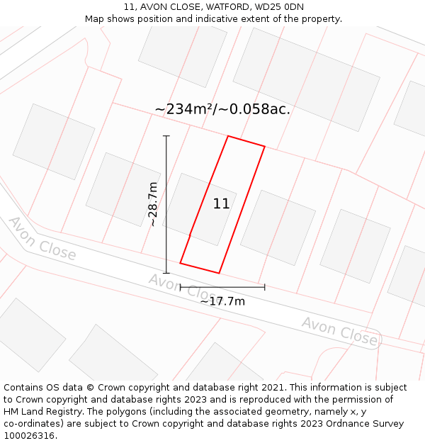 11, AVON CLOSE, WATFORD, WD25 0DN: Plot and title map