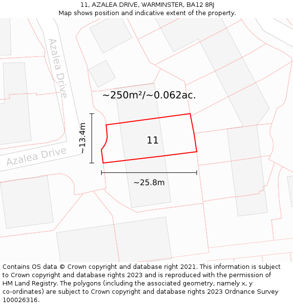 11, AZALEA DRIVE, WARMINSTER, BA12 8RJ: Plot and title map