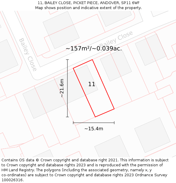 11, BAILEY CLOSE, PICKET PIECE, ANDOVER, SP11 6WF: Plot and title map