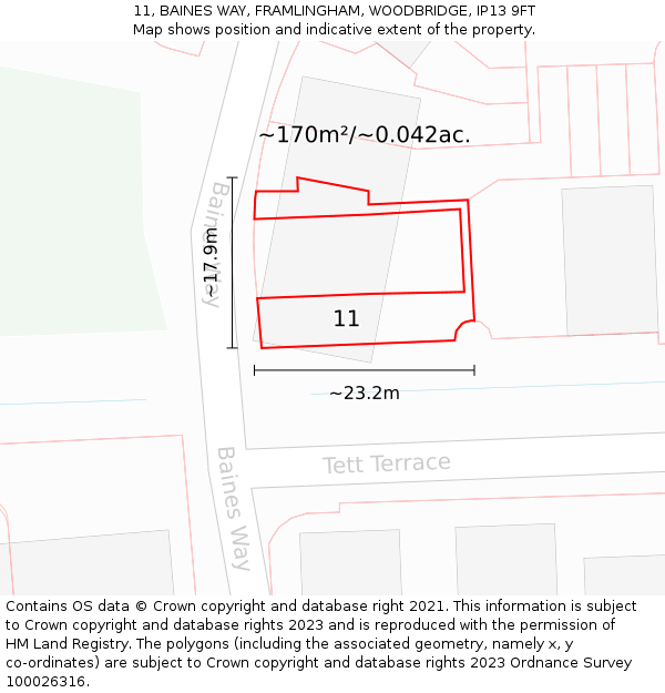 11, BAINES WAY, FRAMLINGHAM, WOODBRIDGE, IP13 9FT: Plot and title map