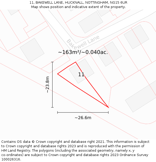 11, BAKEWELL LANE, HUCKNALL, NOTTINGHAM, NG15 6UR: Plot and title map