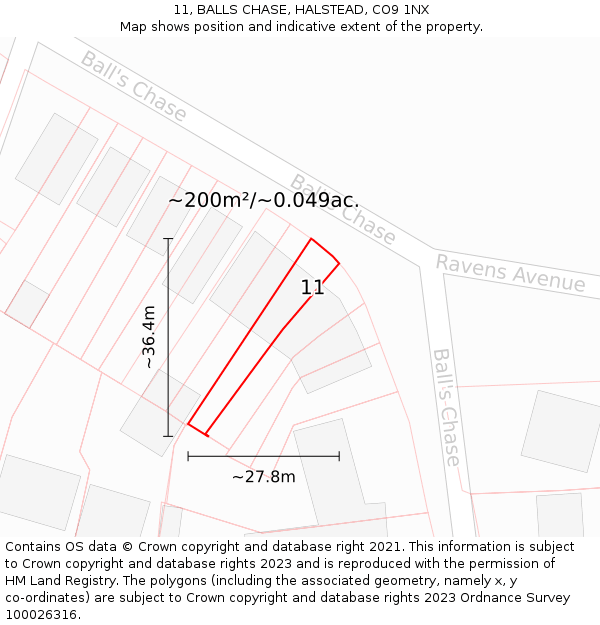 11, BALLS CHASE, HALSTEAD, CO9 1NX: Plot and title map