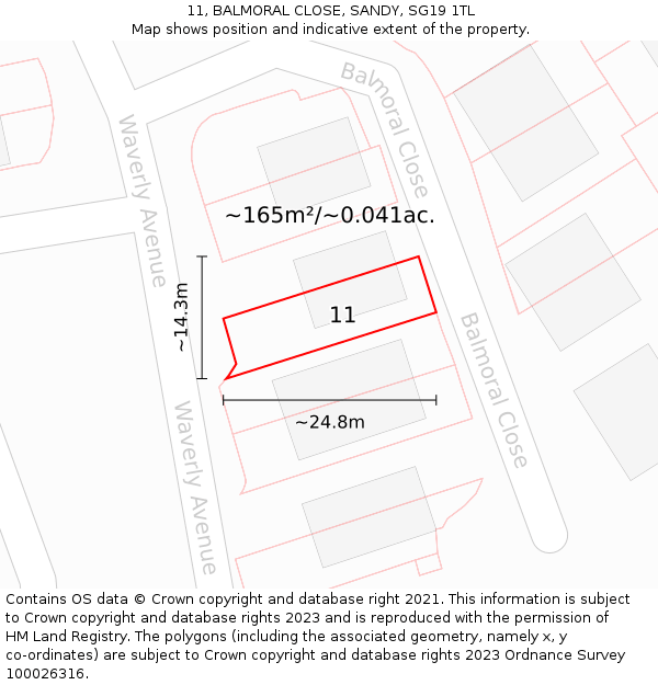 11, BALMORAL CLOSE, SANDY, SG19 1TL: Plot and title map
