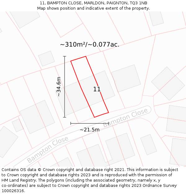 11, BAMPTON CLOSE, MARLDON, PAIGNTON, TQ3 1NB: Plot and title map