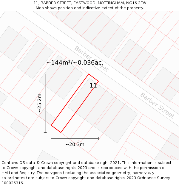 11, BARBER STREET, EASTWOOD, NOTTINGHAM, NG16 3EW: Plot and title map