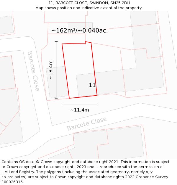 11, BARCOTE CLOSE, SWINDON, SN25 2BH: Plot and title map