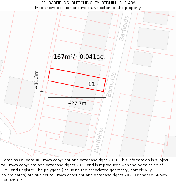 11, BARFIELDS, BLETCHINGLEY, REDHILL, RH1 4RA: Plot and title map