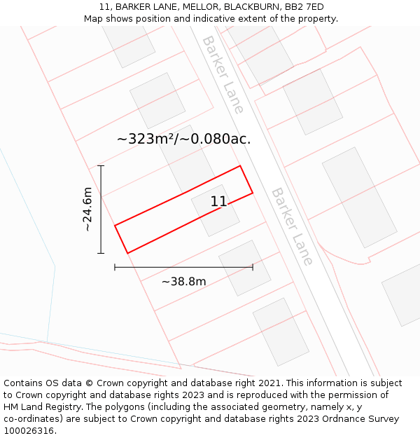 11, BARKER LANE, MELLOR, BLACKBURN, BB2 7ED: Plot and title map