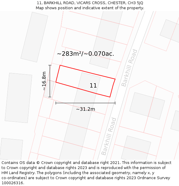 11, BARKHILL ROAD, VICARS CROSS, CHESTER, CH3 5JQ: Plot and title map