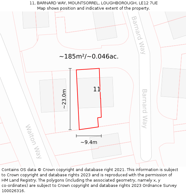 11, BARNARD WAY, MOUNTSORREL, LOUGHBOROUGH, LE12 7UE: Plot and title map