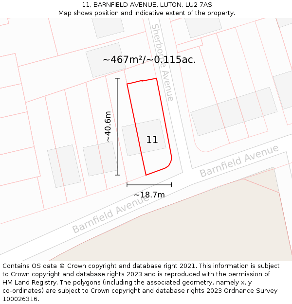 11, BARNFIELD AVENUE, LUTON, LU2 7AS: Plot and title map