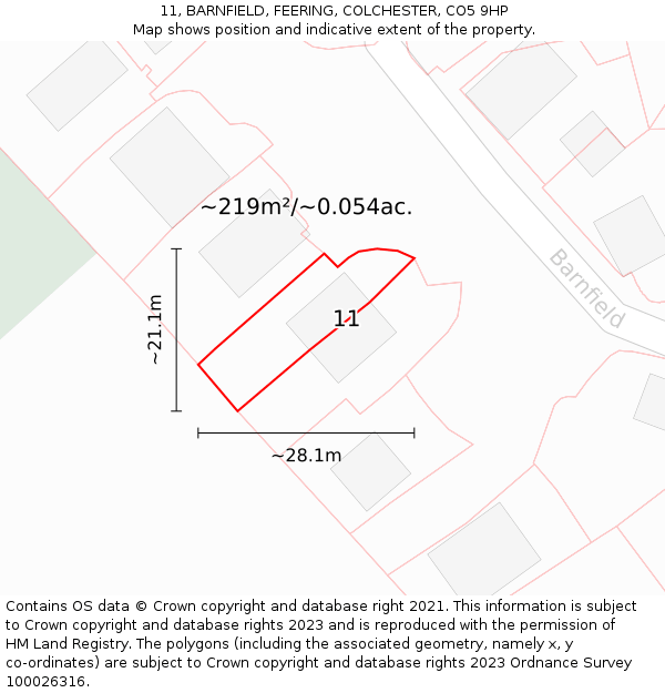 11, BARNFIELD, FEERING, COLCHESTER, CO5 9HP: Plot and title map