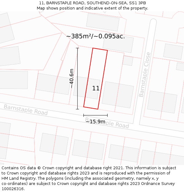 11, BARNSTAPLE ROAD, SOUTHEND-ON-SEA, SS1 3PB: Plot and title map