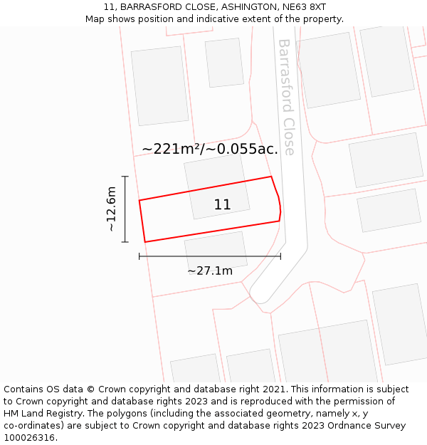 11, BARRASFORD CLOSE, ASHINGTON, NE63 8XT: Plot and title map