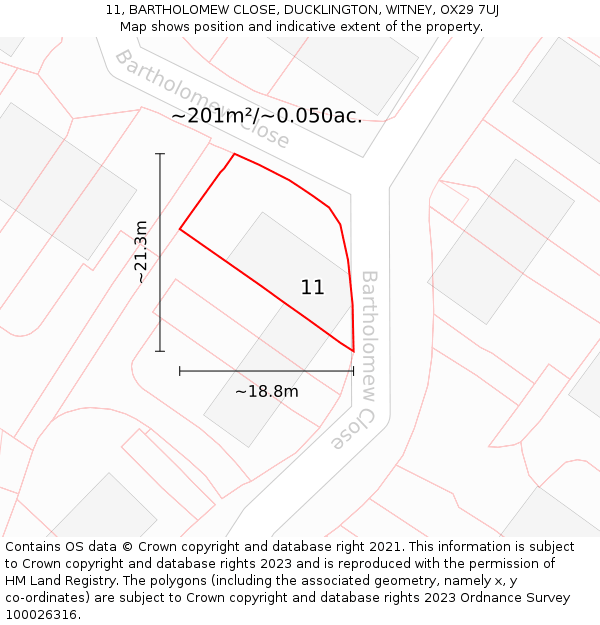 11, BARTHOLOMEW CLOSE, DUCKLINGTON, WITNEY, OX29 7UJ: Plot and title map