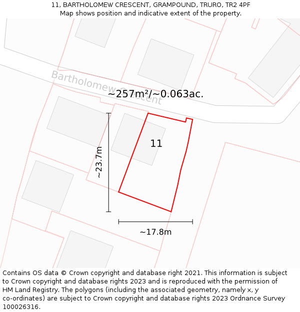 11, BARTHOLOMEW CRESCENT, GRAMPOUND, TRURO, TR2 4PF: Plot and title map