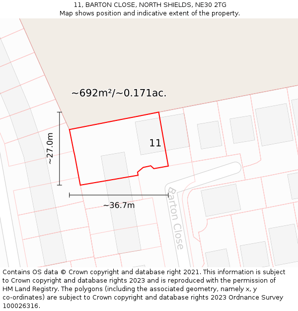 11, BARTON CLOSE, NORTH SHIELDS, NE30 2TG: Plot and title map