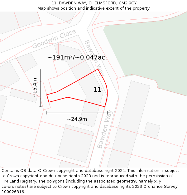 11, BAWDEN WAY, CHELMSFORD, CM2 9GY: Plot and title map