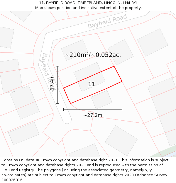 11, BAYFIELD ROAD, TIMBERLAND, LINCOLN, LN4 3YL: Plot and title map