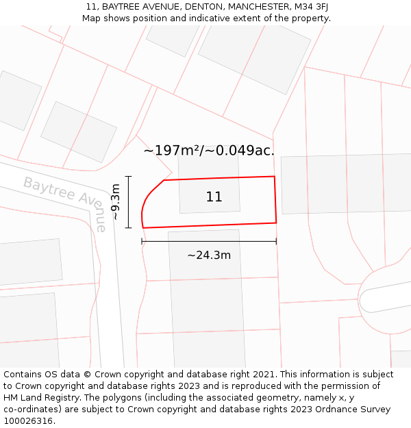 11, BAYTREE AVENUE, DENTON, MANCHESTER, M34 3FJ: Plot and title map