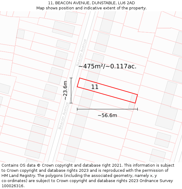 11, BEACON AVENUE, DUNSTABLE, LU6 2AD: Plot and title map