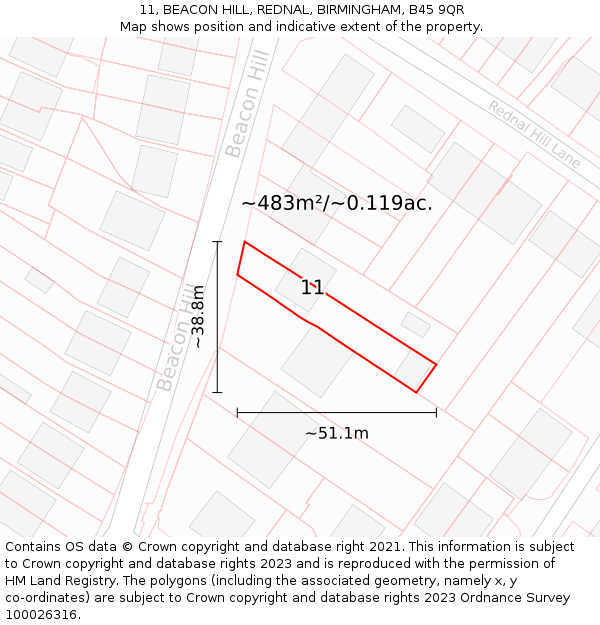 11, BEACON HILL, REDNAL, BIRMINGHAM, B45 9QR: Plot and title map