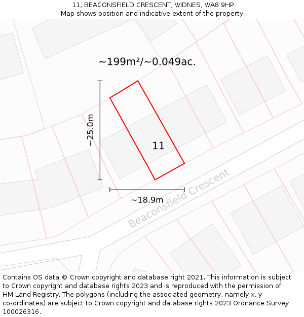 11, BEACONSFIELD CRESCENT, WIDNES, WA8 9HP: Plot and title map