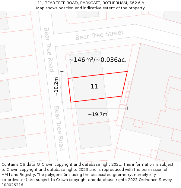 11, BEAR TREE ROAD, PARKGATE, ROTHERHAM, S62 6JA: Plot and title map