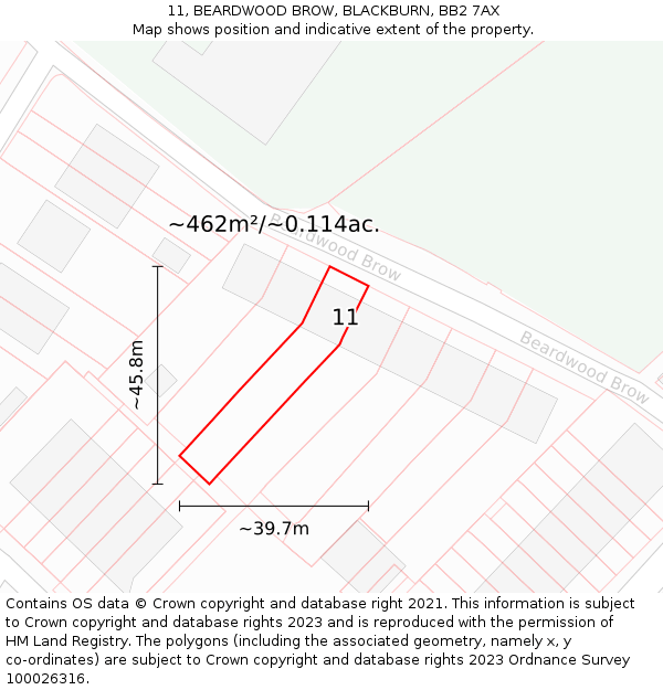 11, BEARDWOOD BROW, BLACKBURN, BB2 7AX: Plot and title map