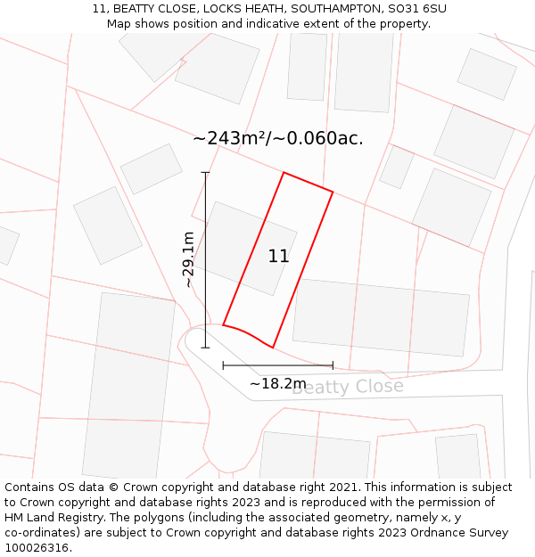 11, BEATTY CLOSE, LOCKS HEATH, SOUTHAMPTON, SO31 6SU: Plot and title map