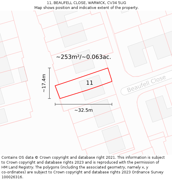 11, BEAUFELL CLOSE, WARWICK, CV34 5UG: Plot and title map