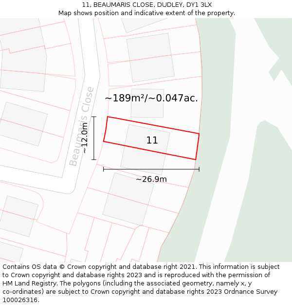 11, BEAUMARIS CLOSE, DUDLEY, DY1 3LX: Plot and title map