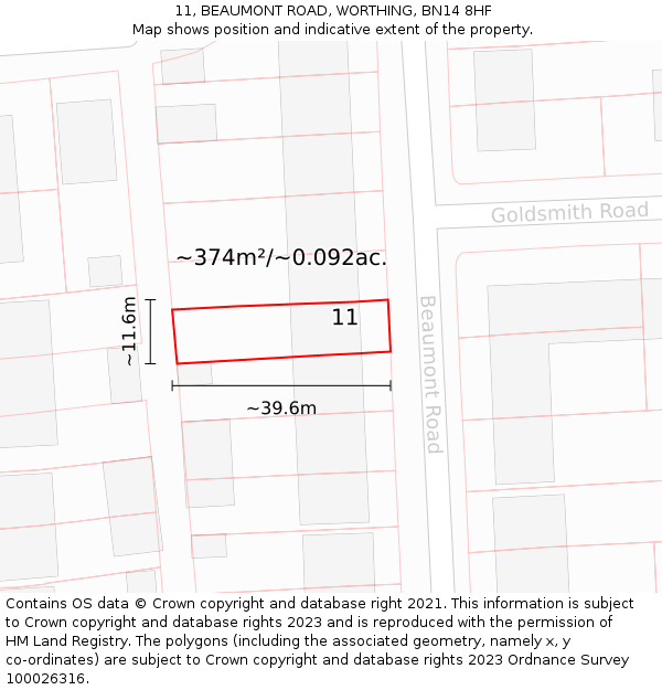 11, BEAUMONT ROAD, WORTHING, BN14 8HF: Plot and title map