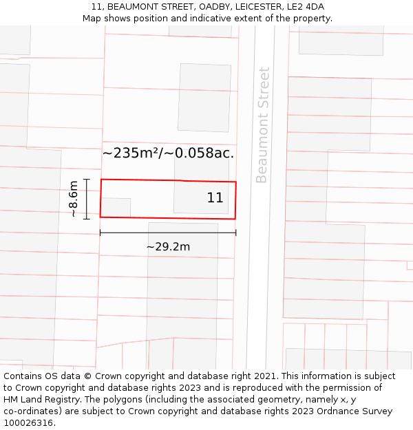 11, BEAUMONT STREET, OADBY, LEICESTER, LE2 4DA: Plot and title map