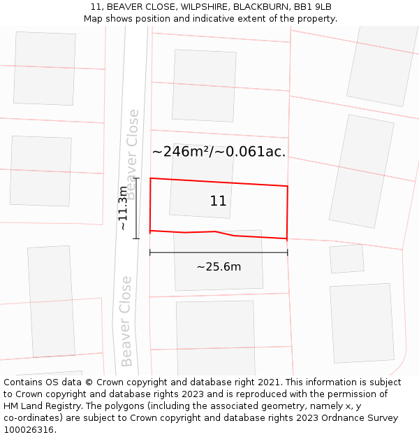 11, BEAVER CLOSE, WILPSHIRE, BLACKBURN, BB1 9LB: Plot and title map