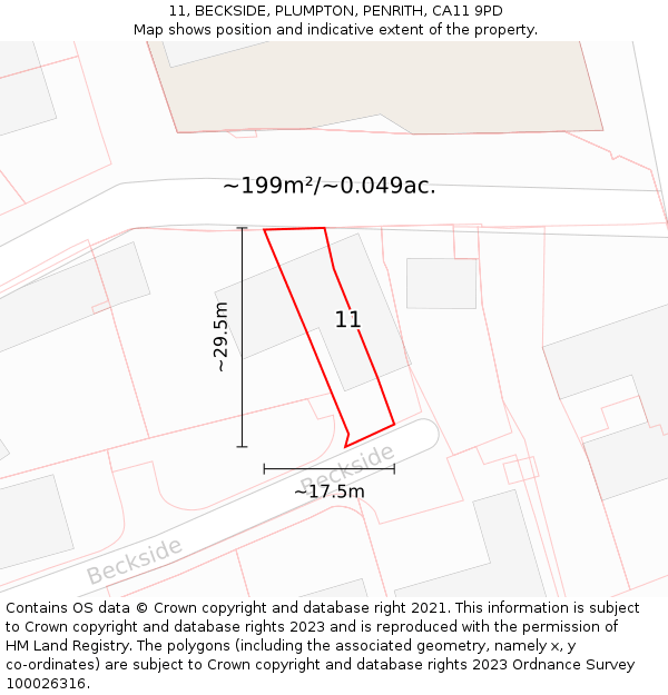 11, BECKSIDE, PLUMPTON, PENRITH, CA11 9PD: Plot and title map