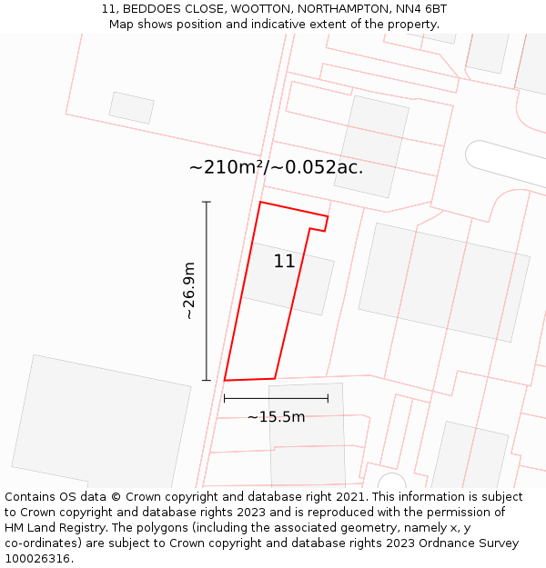 11, BEDDOES CLOSE, WOOTTON, NORTHAMPTON, NN4 6BT: Plot and title map