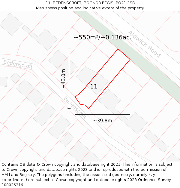 11, BEDENSCROFT, BOGNOR REGIS, PO21 3SD: Plot and title map