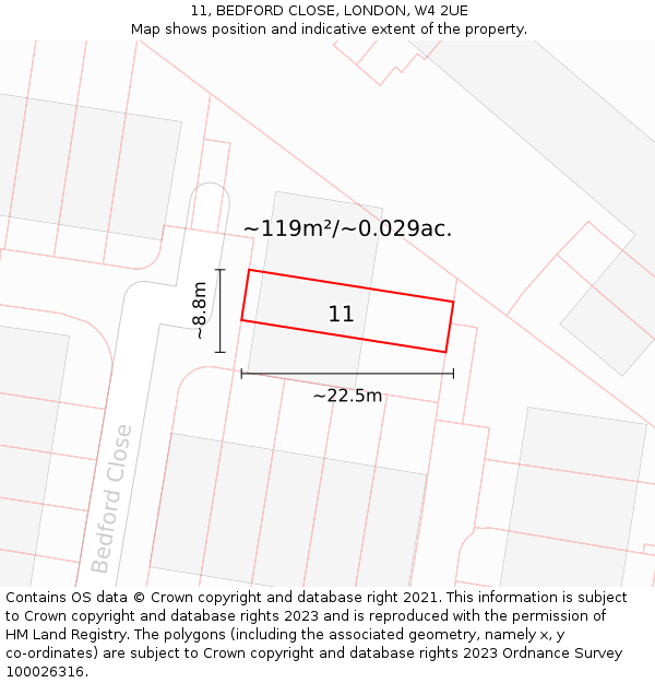 11, BEDFORD CLOSE, LONDON, W4 2UE: Plot and title map