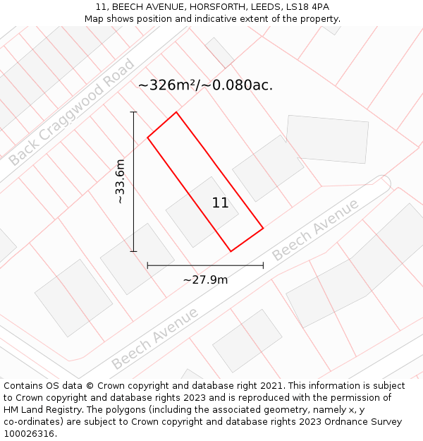 11, BEECH AVENUE, HORSFORTH, LEEDS, LS18 4PA: Plot and title map