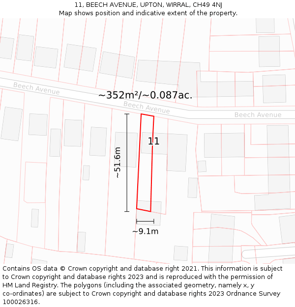 11, BEECH AVENUE, UPTON, WIRRAL, CH49 4NJ: Plot and title map