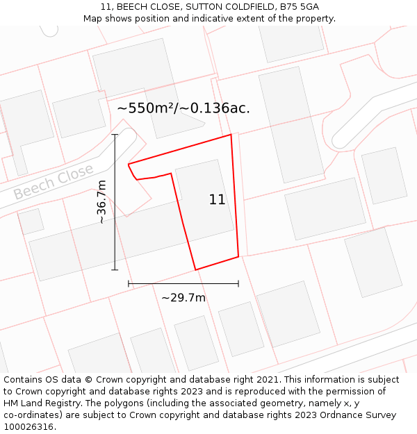 11, BEECH CLOSE, SUTTON COLDFIELD, B75 5GA: Plot and title map