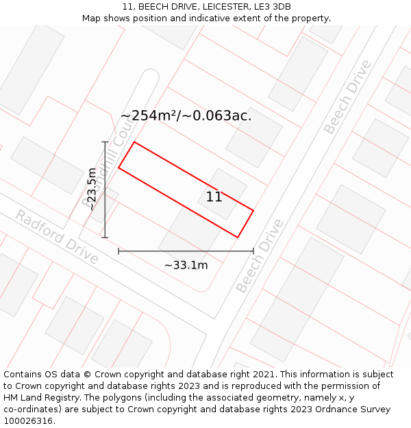 11, BEECH DRIVE, LEICESTER, LE3 3DB: Plot and title map
