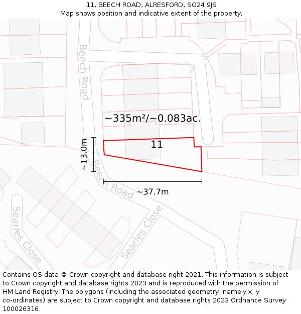 11, BEECH ROAD, ALRESFORD, SO24 9JS: Plot and title map
