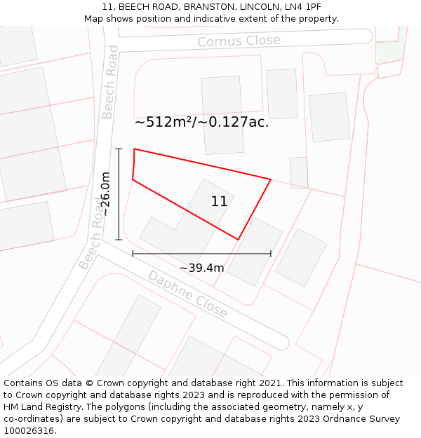 11, BEECH ROAD, BRANSTON, LINCOLN, LN4 1PF: Plot and title map