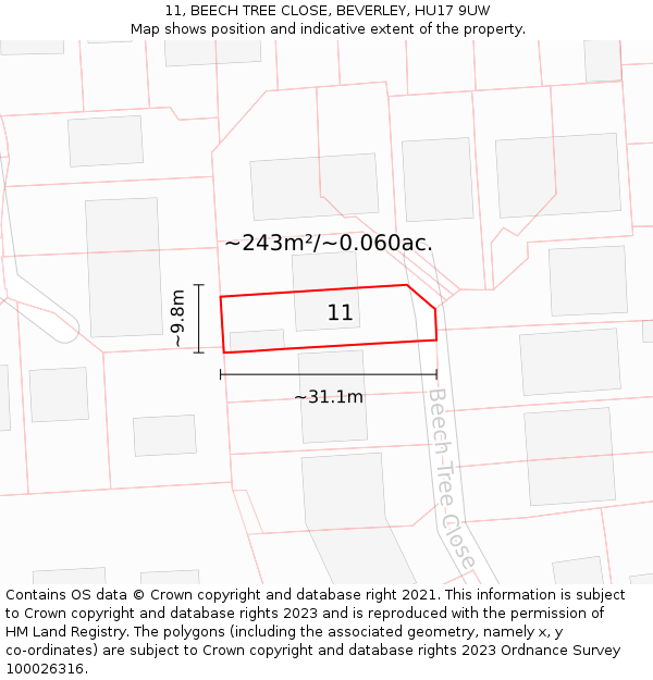 11, BEECH TREE CLOSE, BEVERLEY, HU17 9UW: Plot and title map